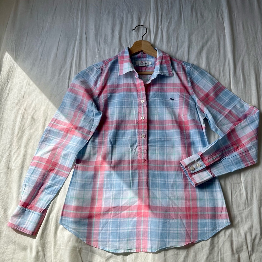 Vineyard Vines Women’s Popover Light Blue and Pink Plaid Shirt